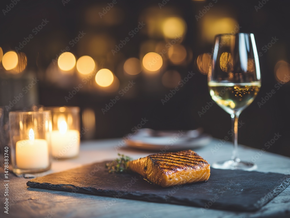 Fototapeta premium Grilled salmon dish with wine glass and candles on a dark stone plate.