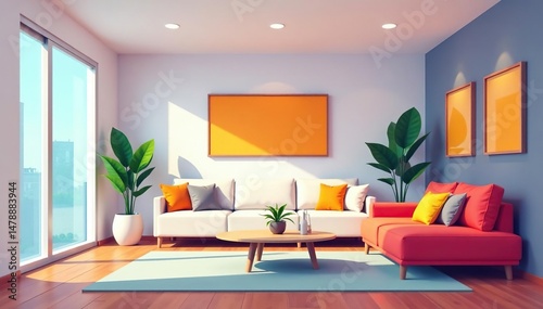Modern living room interior design vector illustration, minimalist style, furniture, decor , interior, drawing, coffee table