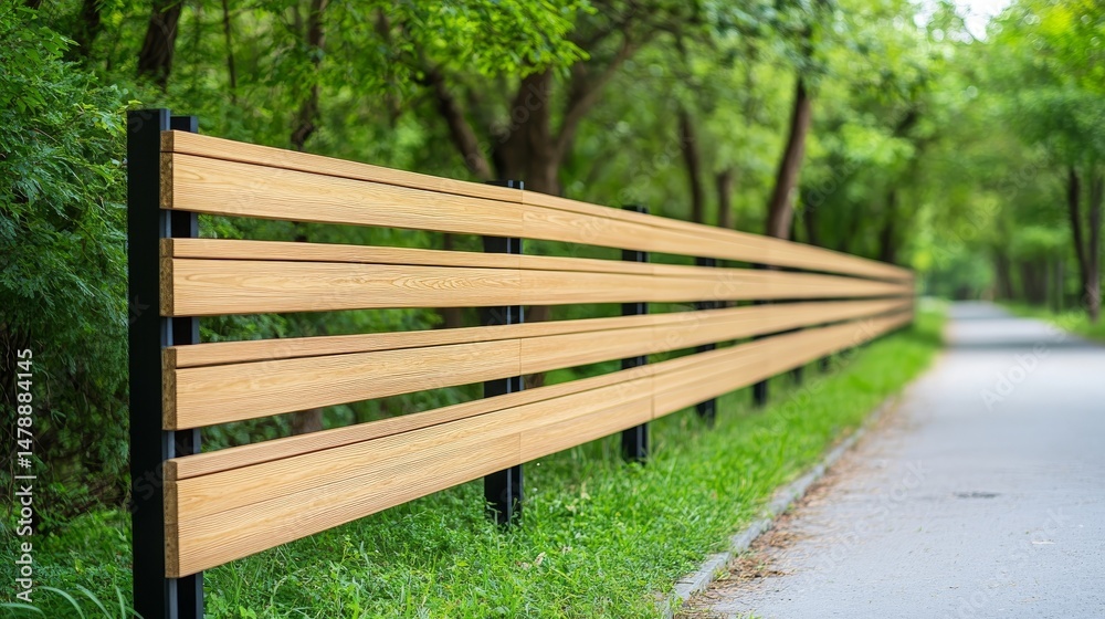 Modern Wooden Park Fence Along a Paved Pathway in a Lush Green Forest This image shows a beautiful natural setting Modern Wooden Park Fence Along a Paved Pathway in a Lush Green Forest This image shows a beautiful natural setting