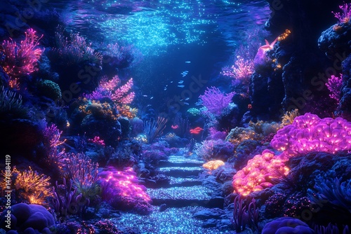 Underwater ecosystem with glowing bioluminescent corals and marine creatures creating a magical sea scene at night