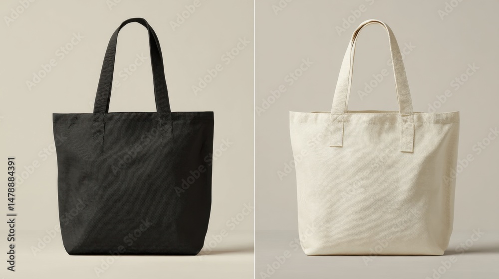 Two canvas tote bags mockup in black and white neutral background studio shot for branding and design presentation Two canvas tote bags mockup in black and white neutral background studio shot for branding and design presentation