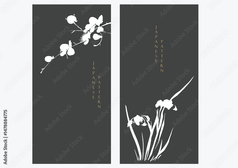 Gold cherry blossom flower and orchid flower brush stroke element with black background vector. Abstract art natural pattern texture
