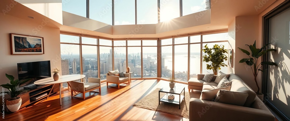 Fototapeta premium Sun-drenched living room, hardwood floors, stunning city & water view, home, windows