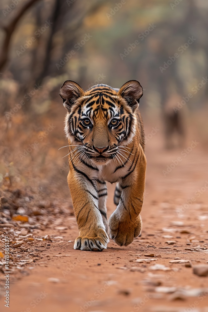 Fototapeta premium Tiger cub walking on a path