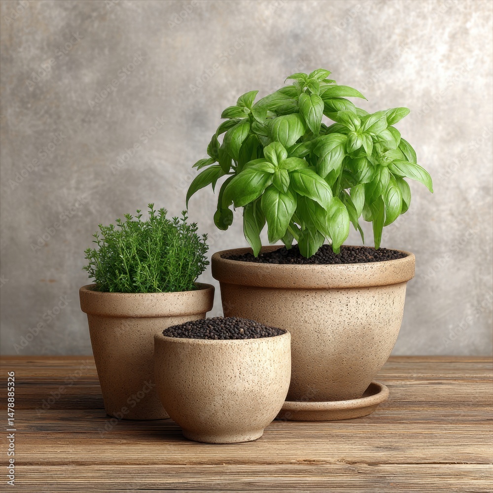 Fototapeta premium Fresh Basil Thyme and Peppercorns in Terracotta Pots on Rustic Wood
