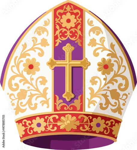 Flat Vector Papal Mitre with Gold Cross and Floral Ornament – Traditional Catholic Bishop Hat on White and Purple Background