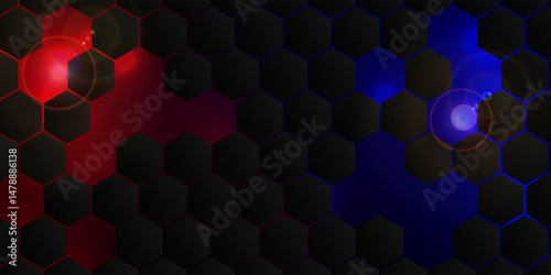 Dark red and blue hexagon abstract technology background with red and blue colored bright flashes under hexagon. Hexagonal gaming vector abstract tech background
