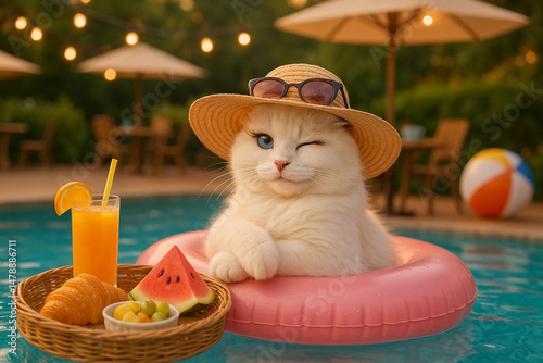 Adorable white kitten relaxing on a pink pool float, winking playfully with long eyelashes—perfect blend of summer vibes and cuteness overload