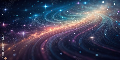 A swirling cosmic landscape features vibrant colors and sparkling stars, evoking a sense of wonder and the vastness of the universe.