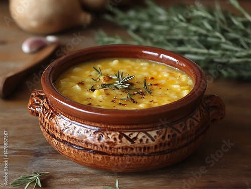 Creamy yellow soup in rustic bowl