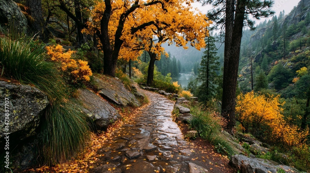 Obraz premium Tranquil Autumn Hillside with Golden Leaves/黄金の秋の丘：静かな小道8