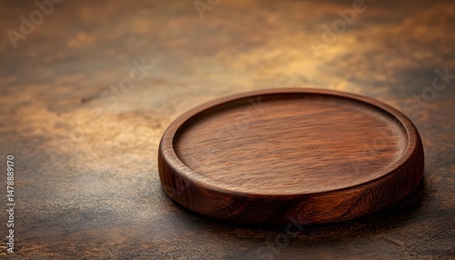 Empty wooden round plate on a textured surface.