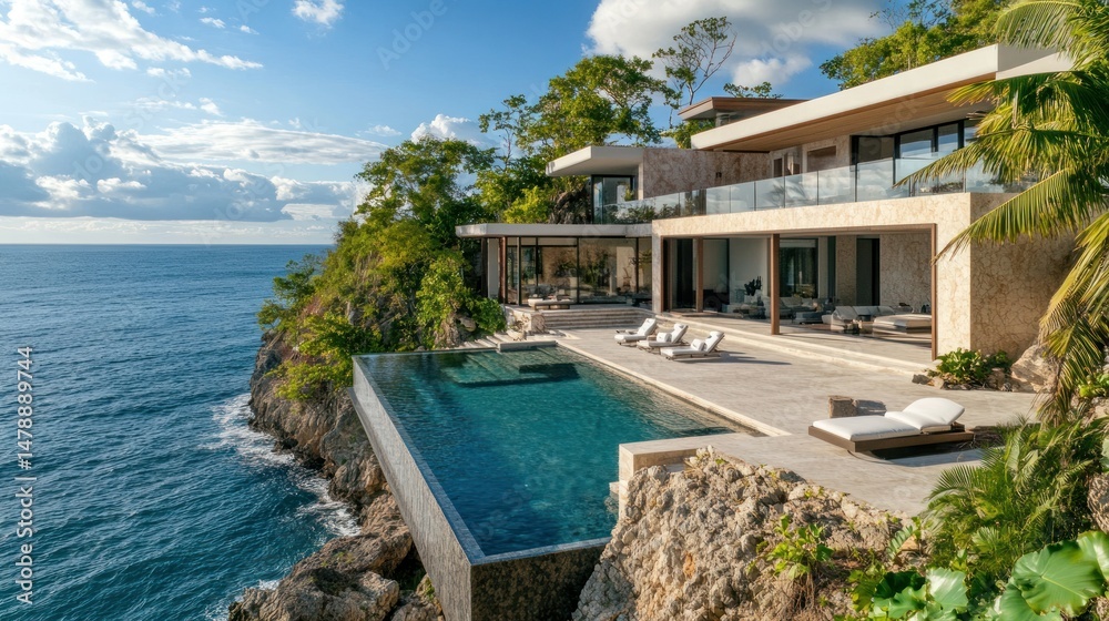 Fototapeta premium Modern style large house with swimming pool, situated on a steep cliff overlooking the ocean view background wallpaper AI generated image