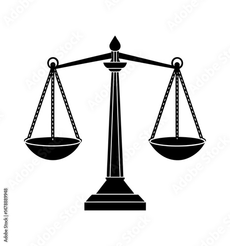 Elegant black silhouette of justice scales isolated on a pure white background