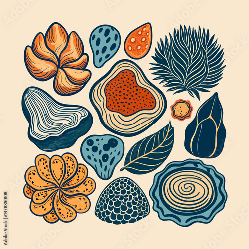 Abstract botanical elements in vibrant orange and teal color palette arrangement