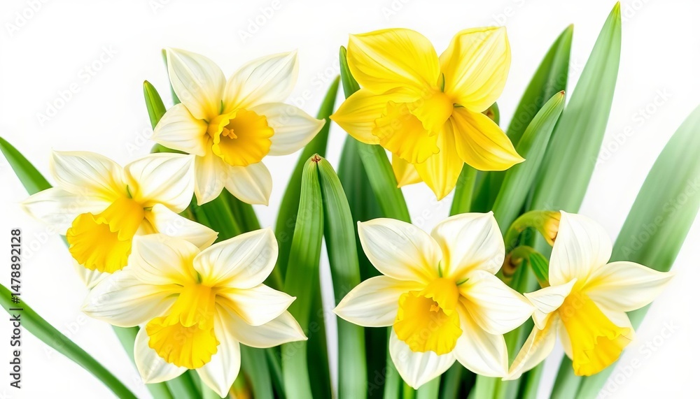 Obraz premium Six delicate white and yellow daffodils with vibrant green leaves, painted in watercolor, illustration art, painting
