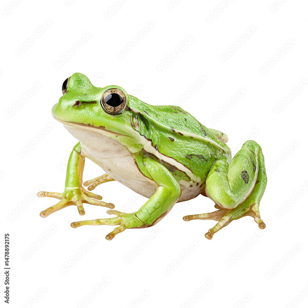Obraz premium A bright green tree frog sits against a stark white isolated background