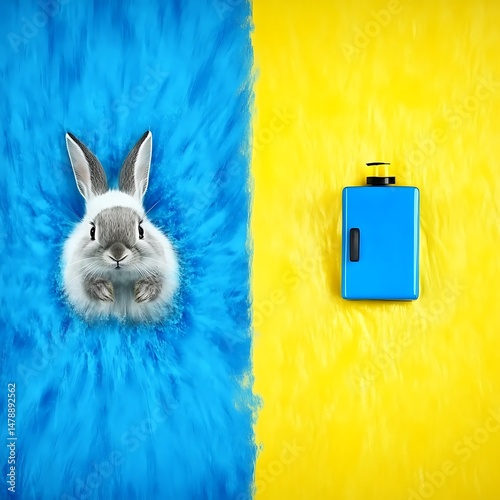 Creative juxtaposition of rabbit and blue container against vibrant color blocks