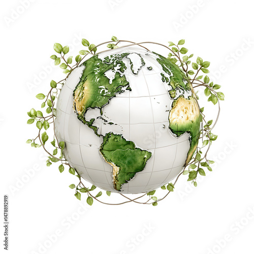 Earth globe is encircled by green leaves symbolizing environmental care.