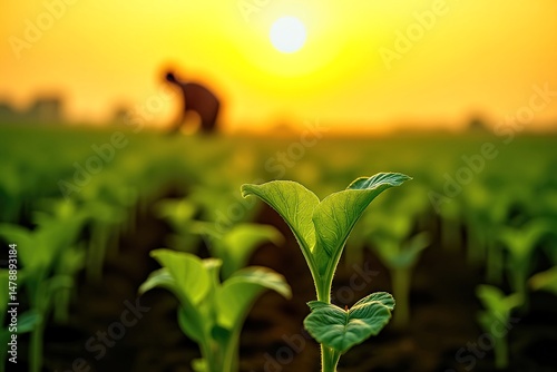 Field with small plant, person in hat, yellow sky