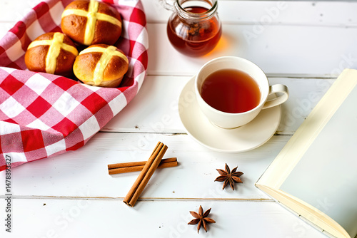 Tea, cinnamon sticks, book, bookmark, basket on table