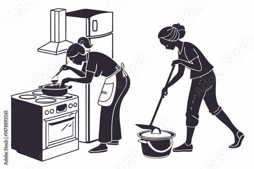 Women Doing Housework – Cooking and Cleaning Vector Illustration in Black and White
