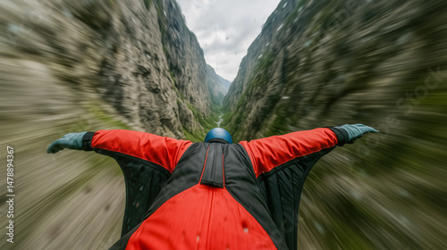 Aerial view of wingsuit flyer in red gliding through mountainous canyon photo