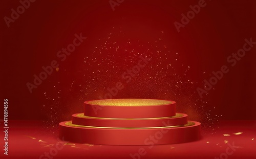 Red podium with gold confetti effect display.