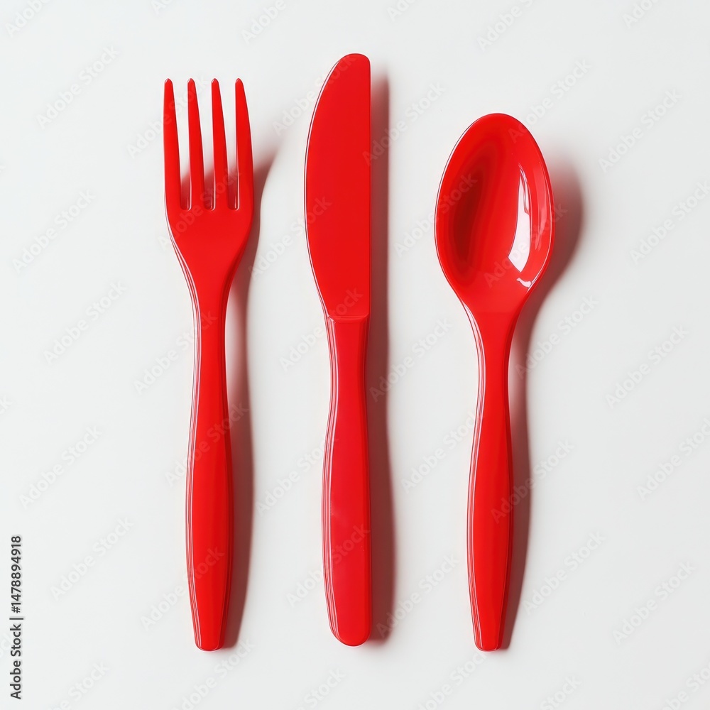 Red plastic cutlery set. A vibrant red plastic fork, knife, and spoon are arranged horizontally on a white surface. The cutlery is simple and child-friendly Red plastic cutlery set. A vibrant red plastic fork, knife, and spoon are arranged horizontally on a white surface. The cutlery is simple and child-friendly
