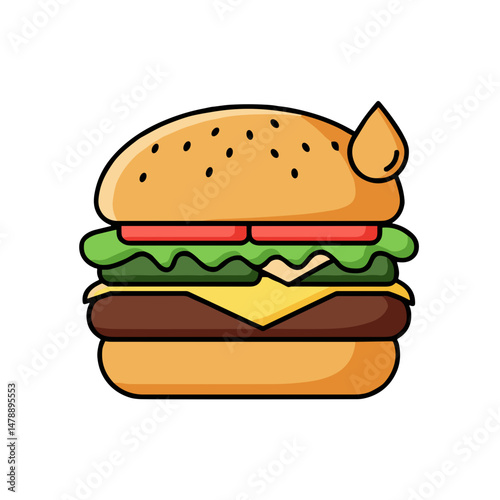 Cartoon hamburger with lettuce, cheese, and tomato on white background  