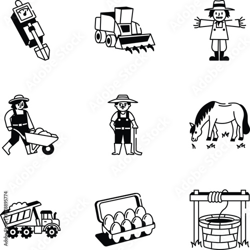 Collection of Farm Hand Drawn Style Icons 
