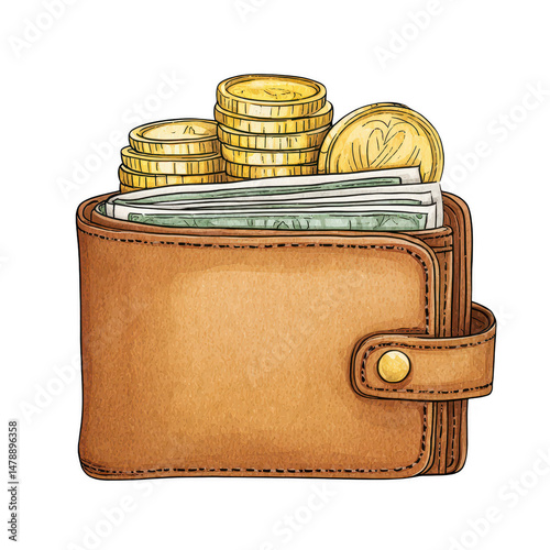 An open brown leather wallet is filled with money and gold coins inside.