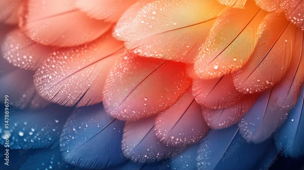 Fototapeta premium Colorful bird feathers with water drops macro shot