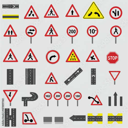 Traffic and Road Warning Signs Set Illustration