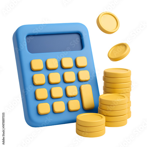 3D Rendered Cartoon Financial Calculator with Coins
