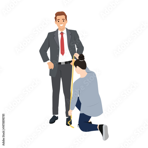 Professional tailor is taking measurements of a clients leg to ensure a perfectly tailored suit. Flat vector illustration isolated on white background