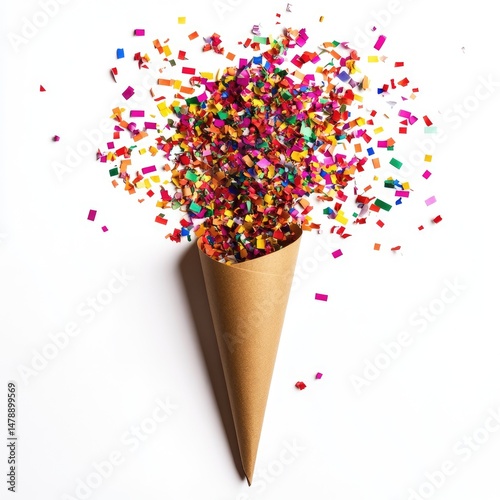 Colorful confetti erupting from a paper cone