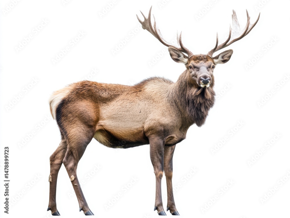 Obraz premium Majestic Elk Standing Tall Isolated on White Background Studio Shot Wildlife Photography Nature Animal Portrait