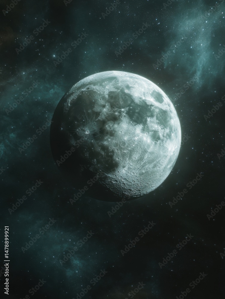 Obraz premium Full Moon shining in dark space with stars and nebula; astronomy photography of lunar surface and craters in outer space