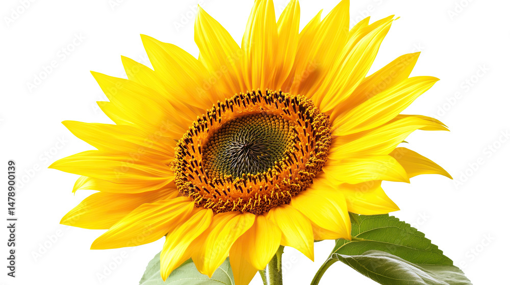 Fototapeta premium Bright yellow sunflower on tree isolated on transparent, one petal shows off summer beauty. PNG