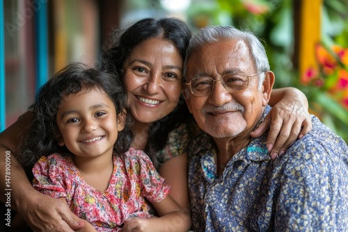 child family portrait woman mother man father grandmother daughter group smiling happy adult girl grandparent generation female grandchild together senior grandfather son boy