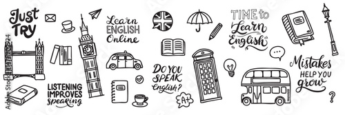 Collection of Elements about English Culture in Doodle Style. Hand Drawn Vector Art.