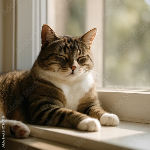 Wallpaper Mural Relaxed Tabby Cat Sitting on Windowsill with Natural Light Torontodigital.ca