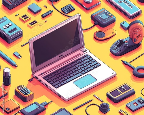 Retro tech isometric illustration