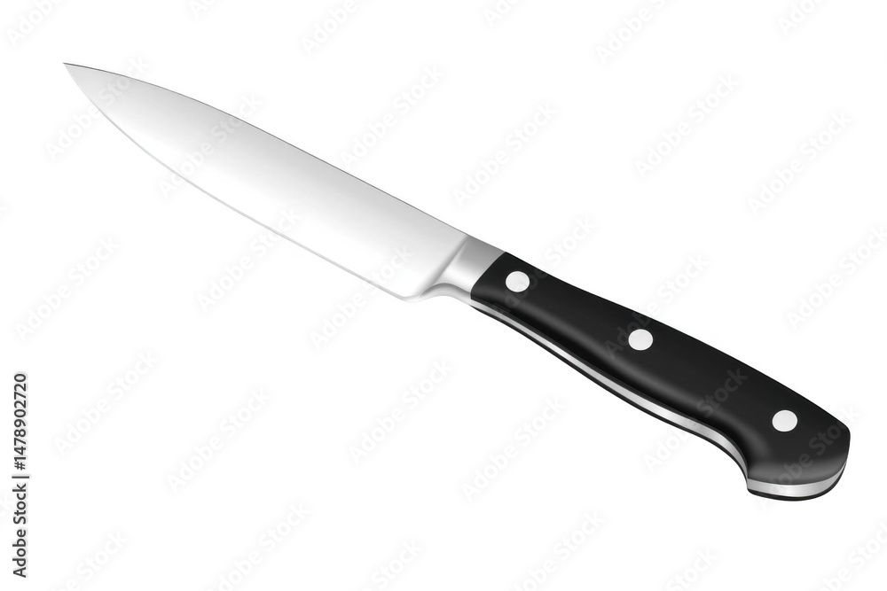 capture a kitchen knife with smooth blade and black handle, cutting edge