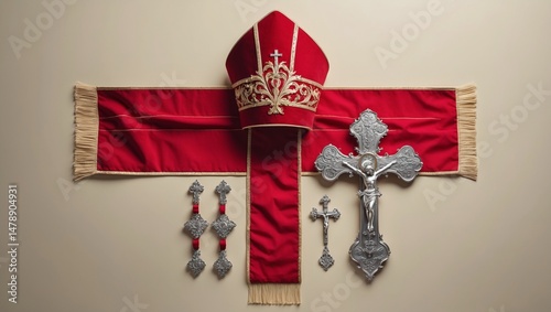 Religious ceremonial garments and sacred objects displayed on a light beige backdrop.