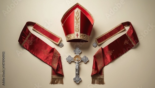 Ornate religious ceremonial items arranged on a light background.