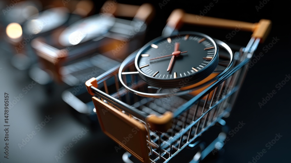 Fototapeta premium A shopping cart contains a clock, symbolizing the concept of buying or saving time, with other carts blurred in the background.
