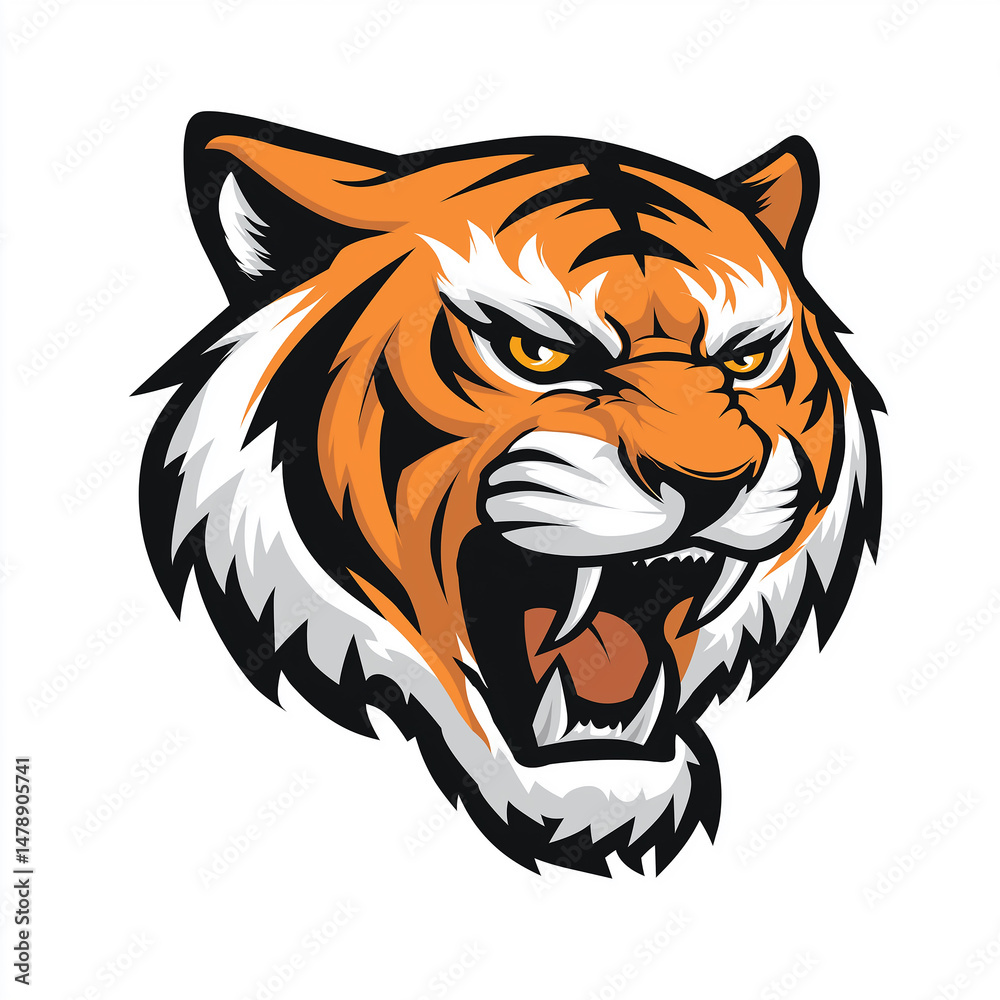 Obraz premium Roaring Tiger Face: A fierce and captivating illustration of a roaring tiger, showcasing its power and intensity through intricate lines and vibrant colors.