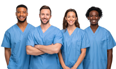 Smiling doctors with medical team wearing scrubs, isolated on transparent background